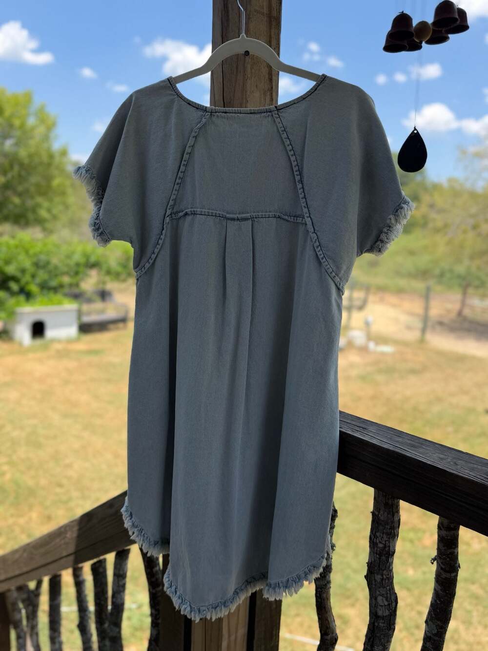 Umgee Women's Light Wash Denim High-Low Tunic Dress with Frayed Hem and Pockets - Picture 5 of 6